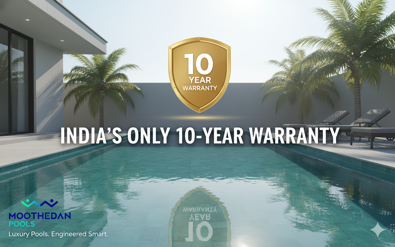 Modern pool with warranty badge