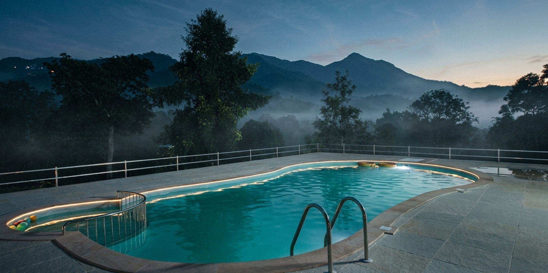 Dusk mountain infinity pool by Moothedan